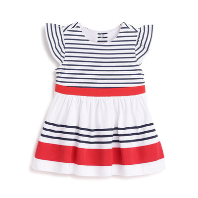 Girls White and Red Striped Short Sleeve Dress
